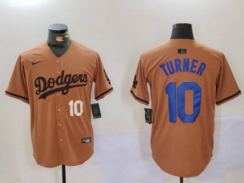 Men Los Angeles Dodgers 10 Turner army green joint name 2024 Nike MLB Jersey style 5